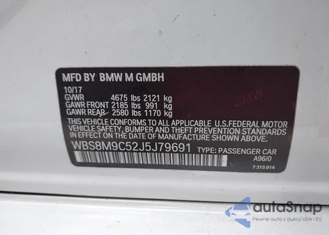 2018 BMW M3 Cs z USA, uszkodzony, nr VIN WBS8M9C52J5J79691